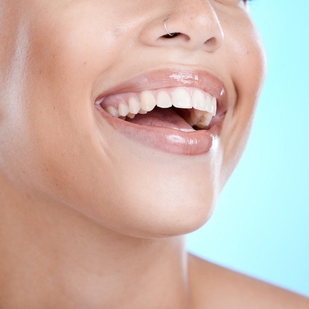 Wellness, happy and teeth of dental woman with healthy smile, oral hygiene and mouth zoom. Beauty,
